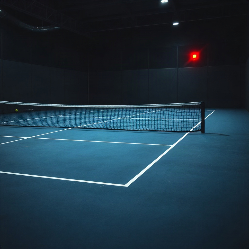 Tennis net and court lines at dusk