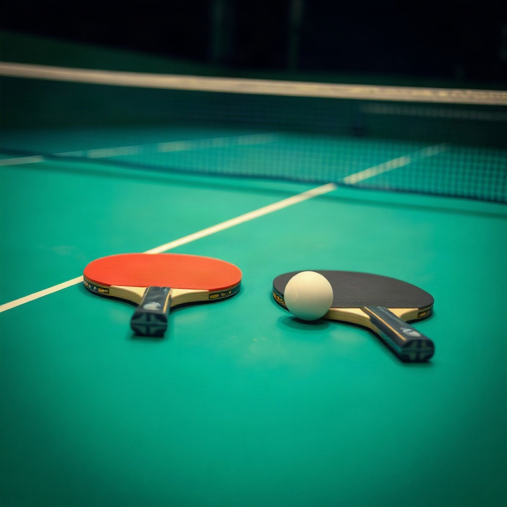 Table tennis paddles on a green table
