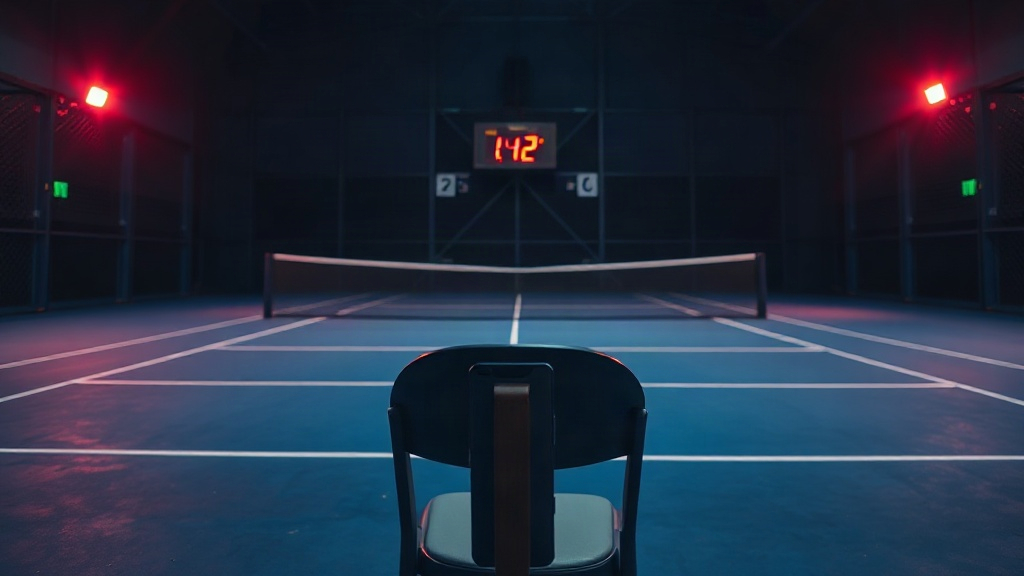 Indoor padel court at night with a phone ready to call the score
